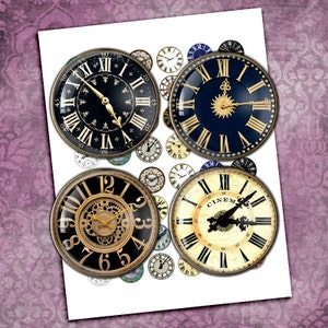 May include: A set of 14 vintage-style clock face images, featuring Roman numeral and Arabic numeral clock faces with gold accents. The clock faces are on a white background.
