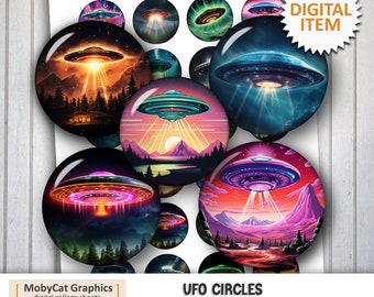 UFO 印刷可能な円形画像 25 mm 1 インチ 30 mm 1.25 インチ 1.5 インチ ペンダント用 デジタルコラージュシート