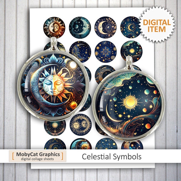 Celestial Symbols Printable Download 12mm 14mm 16mm 18mm 20mm for Earrings, Cabochon Pendants, Magnets Digital Collage Sheet