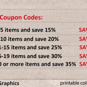 May include: A graphic with red text on a woodgrain background showing coupon codes for buying multiple items. The text reads "New Coupon Codes:" followed by five lines of text showing the number of items to buy and the discount percentage. For example, "buy 3-5 items and save 15%". The corresponding coupon code is shown to the right of each line. For example, "SAVE15".