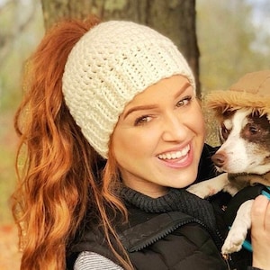 Crochet Messy Bun Beanie - handmade with high quality yarn that is very soft.