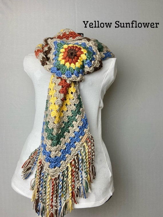 Crochet Granny Square Scarf: Sunflower Center, Twisted Fringe - Main Image