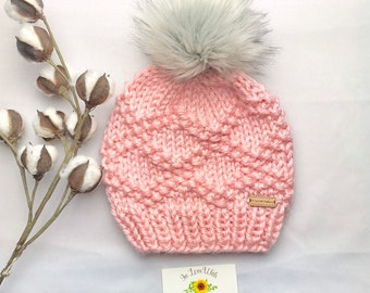 Chunky Knit Etta Beanie With Pom - Warm Knitted Hat with Beautiful Texture for women - gift for her -