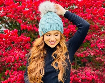 Womens Chunky Knit Beanie with removable faux fur Pom - Big Waves Beanie - Knit Winter Hat for Women - Gift for her - Christmas