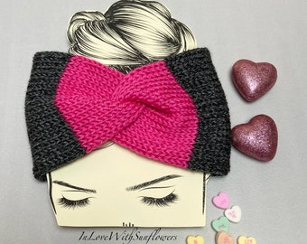 Knit Headband with bow accent - Twist Headband - Womens Earwarmer - Turban headwrap - Gift for Her  - Warm Headband - Valentines Day