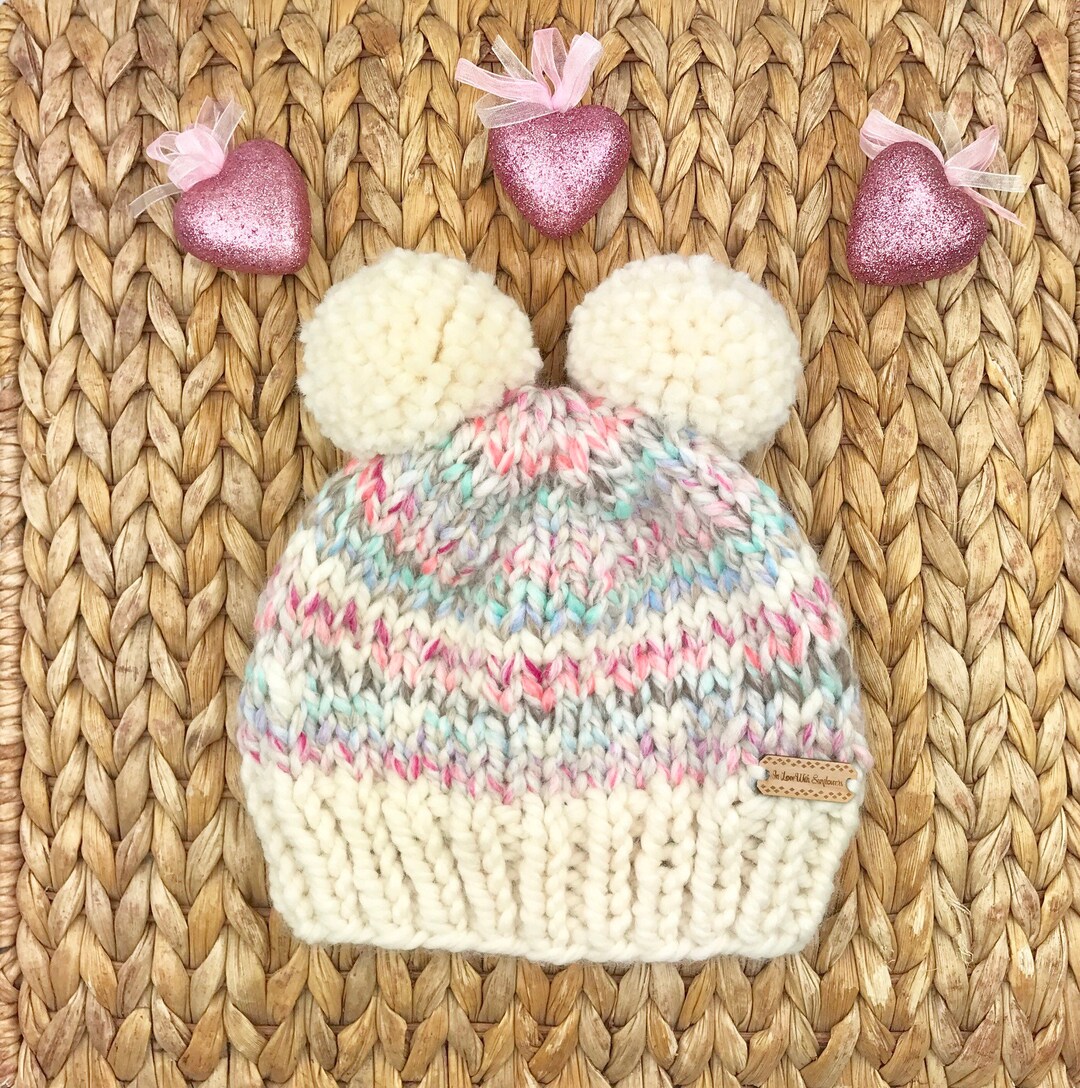 Double Pom Pom Beanie Knit Hat Child Size Warm Knitted Hat - Etsy