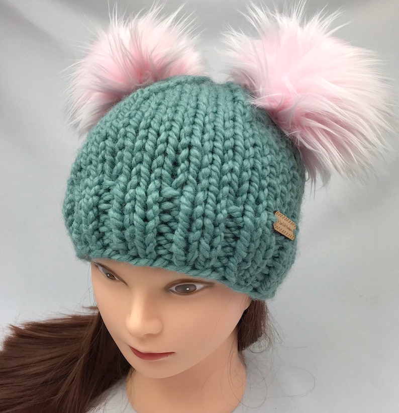 Double Pom Pom Beanie with Faux Fur Custom Color Choice Etsy
