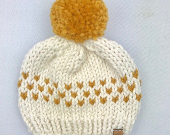 Knit Beanie with Pom Pom - Mustard Knit Beanie - Chunky Knit Handmade