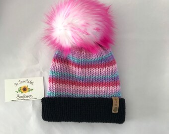 Hand-knit Hearts Beanie: Cream & Blush Faux Fur Pom - 3-9  display picture 2