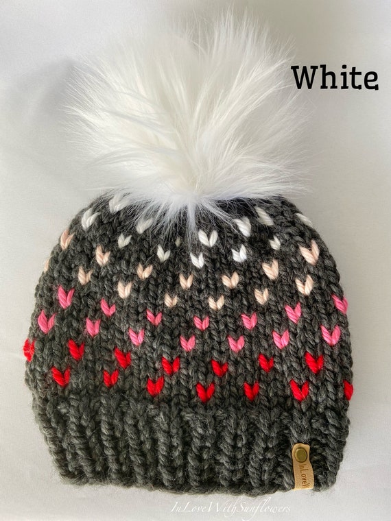 Women\'s Heart Pattern, REAL FUR Pom-Pom Beanie Wild Hearts Beanie // Glacier and Cream - Pick your pom  main image 2