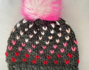 Womens Knit Beanie with removable faux fur Pom - Heart beanie  - Knit Winter Hat for Women - Gift for her - Valentines Day