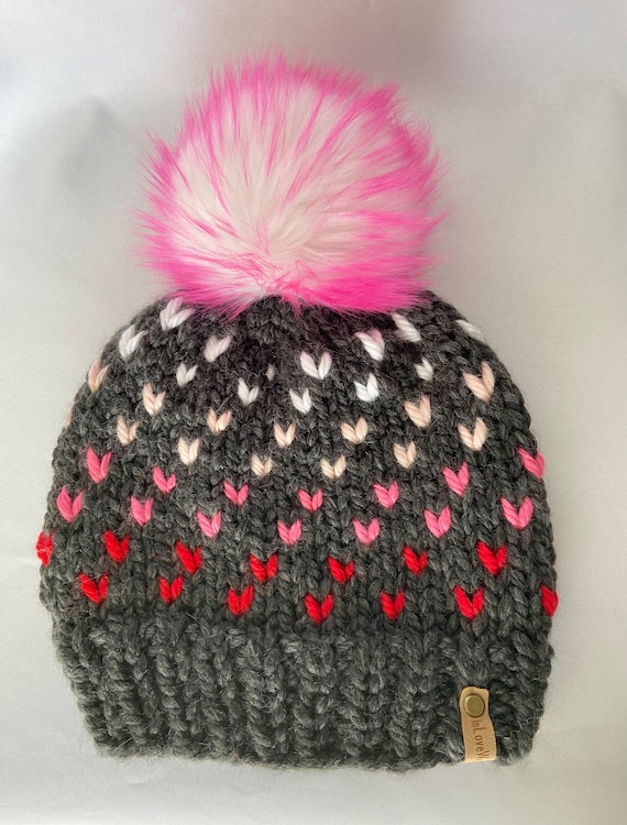 Women\'s Heart Pattern, REAL FUR Pom-Pom Beanie Wild Hearts Beanie // Glacier and Cream - Pick your pom  main image 3