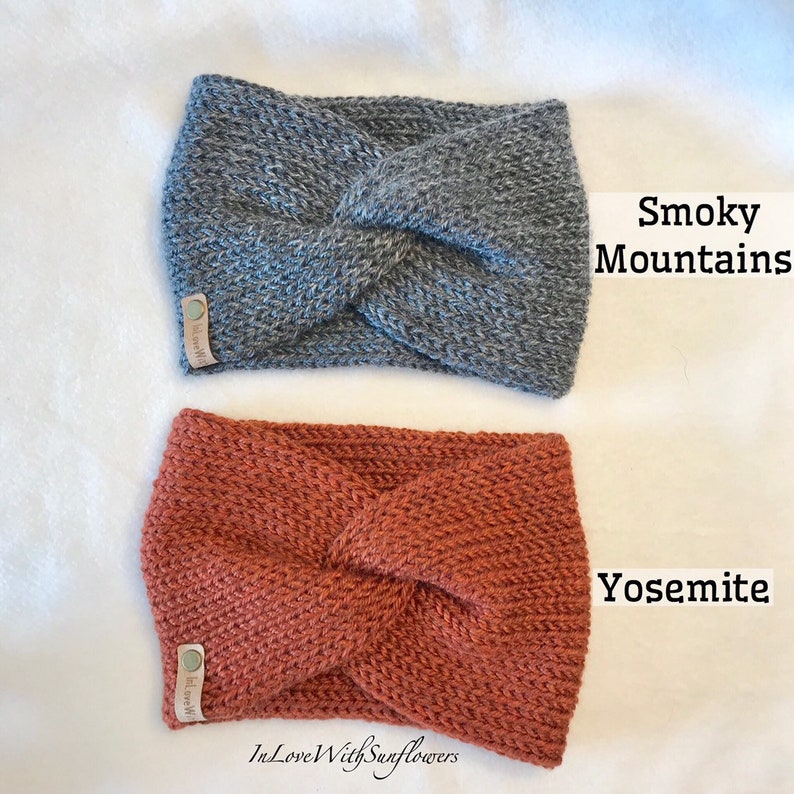 May include: Two knitted headbands, one gray and one orange, with the text "Smoky Mountains" and "Yosemite" printed below each headband.