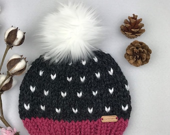 Chunky knit beanie hat for girl - with XL faux fur pom - Child Size