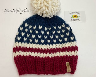 Handmade Red White Blue Beanie Hat - Pom Pom Hat With  display picture 2