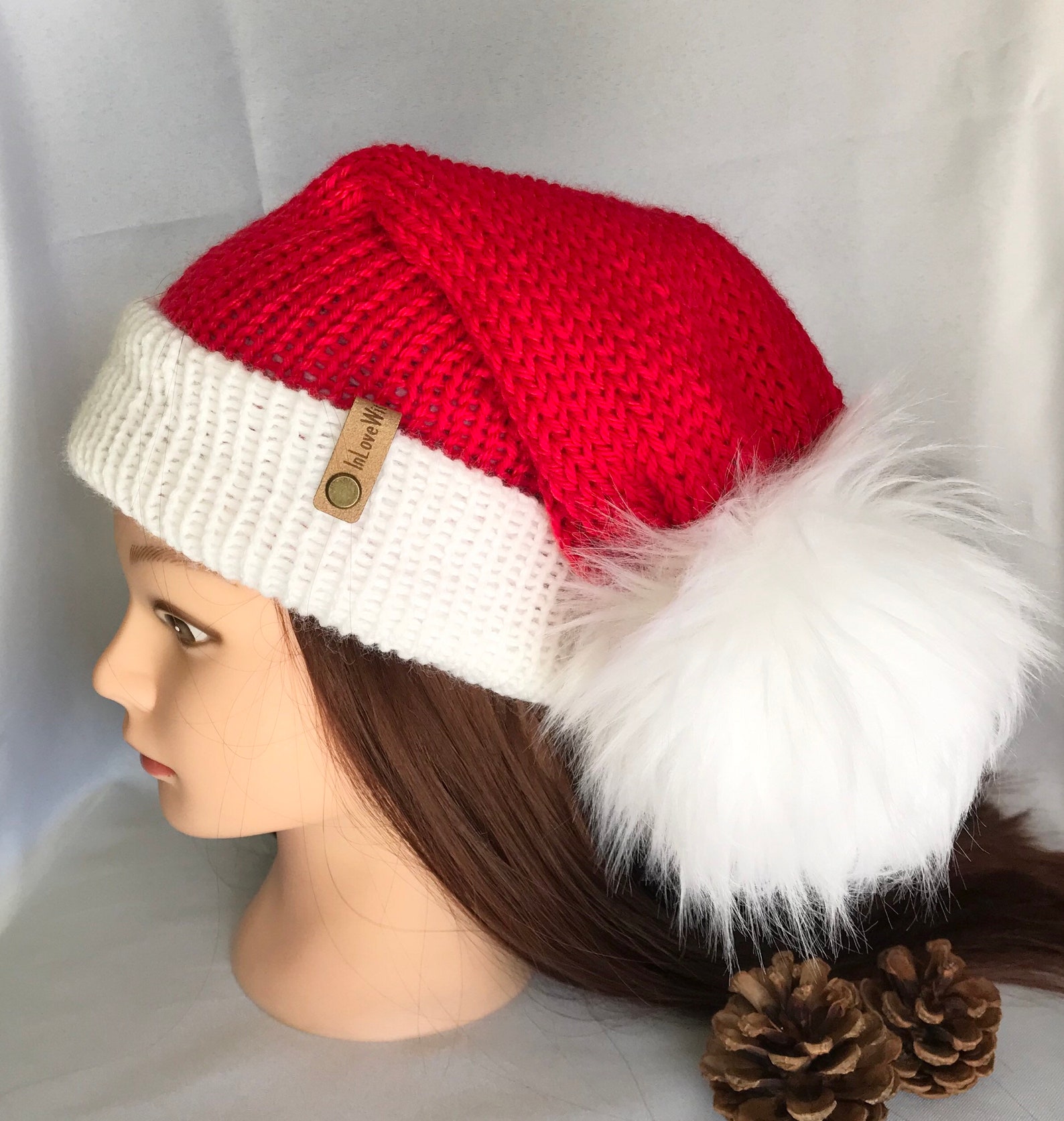 Knit Santa Hat with Faux Fur Pom Slouchy Christmas Beanie Etsy