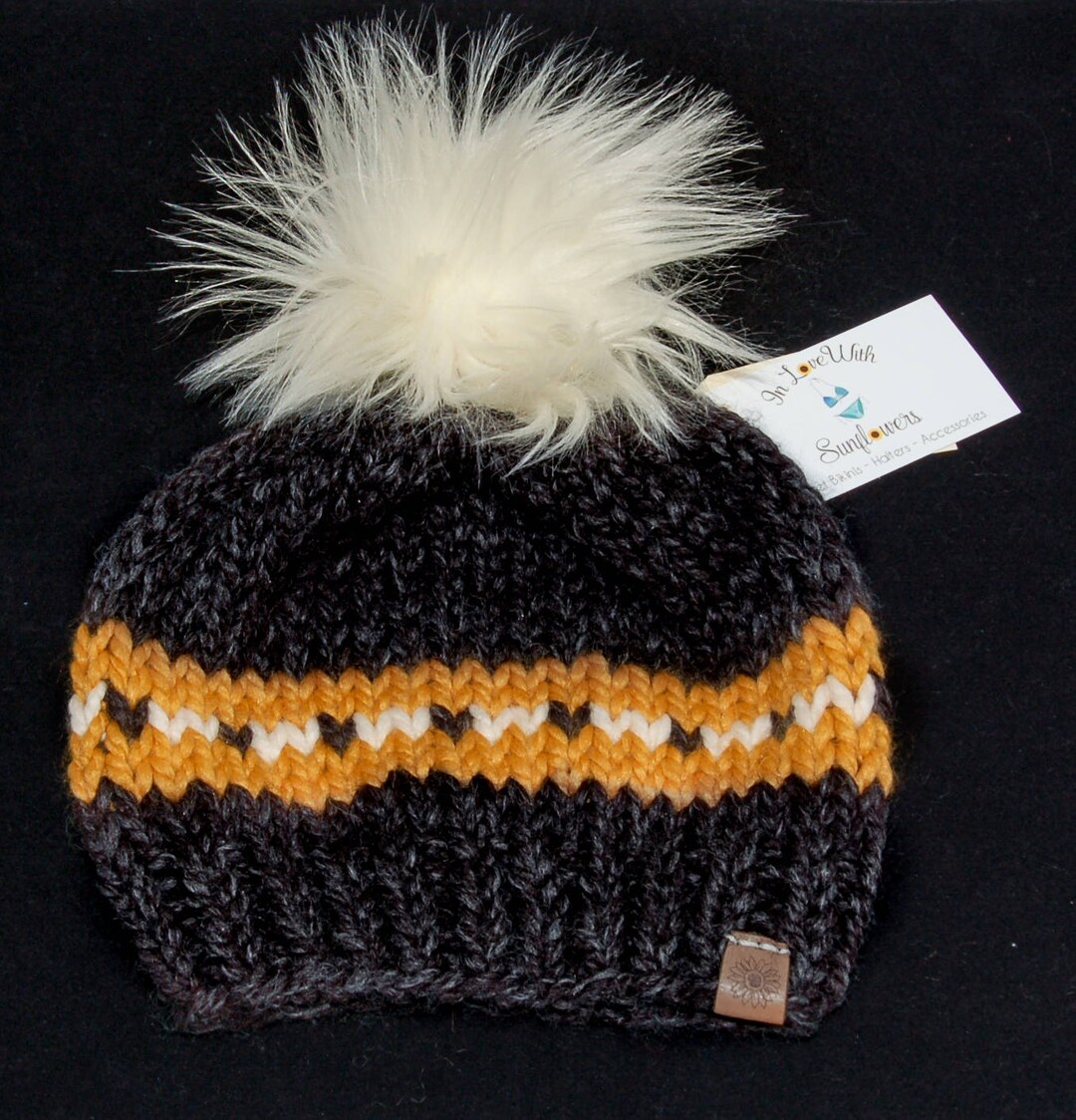 Womens Knit Beanie With Faux Fur Pom Pom Beanie Knit Toque Hand Knitted Hat Gift for Her