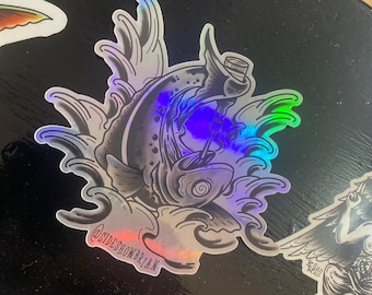 Drinky Fish holographic vinyl sticker designed by sideshowbrian tattooer