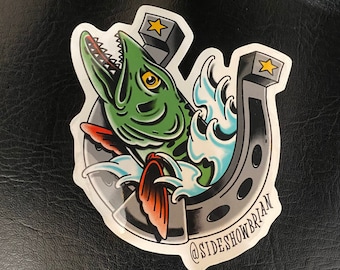 Muskelluck, vinyl tattoo inspired lucky horseshoe musky fishing sticker designed by sideshowbrian tattooer