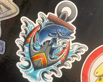Striper anchor, vinyl tattoo inspired striped bass fishing sticker designed by sideshowbrian tattooer