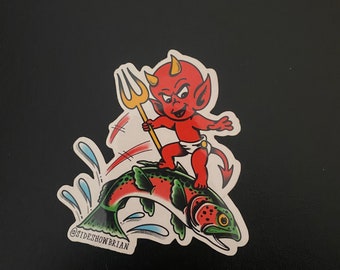 Rainbow Rider, Hot stuff devil on rainbow trout sticker by side show brian