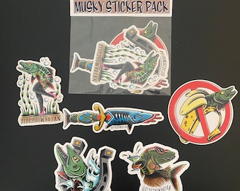 Musky Sticker pack by side show brian tattooer. 5 different muskie stickers