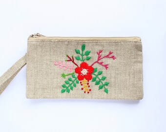 Portefeuille brodé de fleurs pour femmes Sac à main en lin Pochette à fermeture éclair florale Petit sac cosmétique Sac de maquillage Cadeau petite amie Sac à main de demoiselles d’honneur