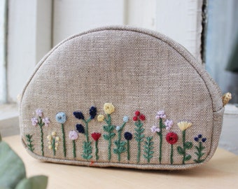 Embroidered cosmetic bag Small linen personalized makeup bag Floral zipper pouch Flowers purse Bridesmaids purse Personalized holiday gift