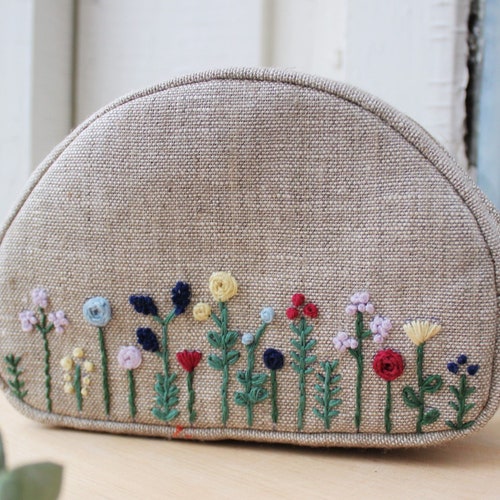 Embroidered Cosmetic Bag Small Linen Personalized Makeup Bag Etsy