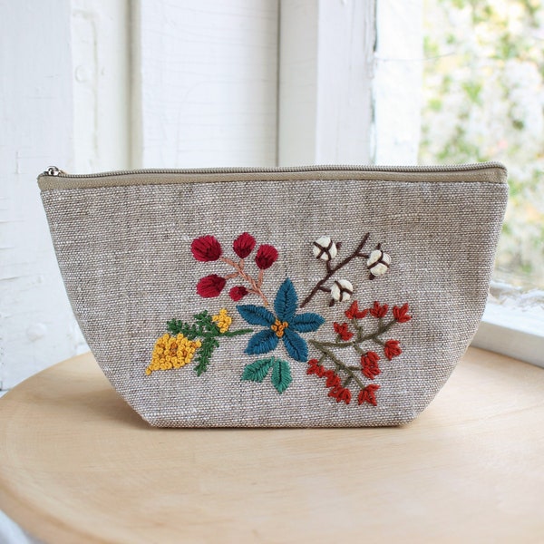 Small makeup bag with embroidered flowers made from linen  Beige zipper pouch for nature lover Zippered purse Hand embroidered cosmetic bag