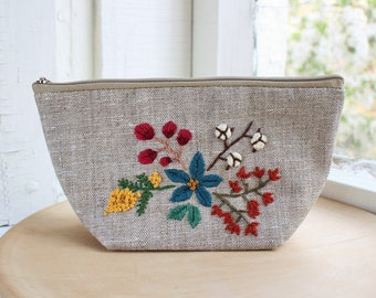 Small makeup bag with embroidered flowers made from linen  Beige zipper pouch for nature lover Zippered purse Hand embroidered cosmetic bag