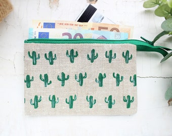 Cactus wallet for women, Small linen purse, Cactus textile zip pouch, Linen pencil case, Small cosmetic bag, Small makeup bag