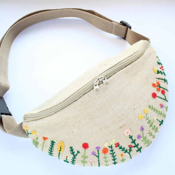 Embroidered fanny pack, Festival waist bag, Flowers embroidery bum bag, Canvas waist purse, Hip bag, Embroidered bridesmaids bag