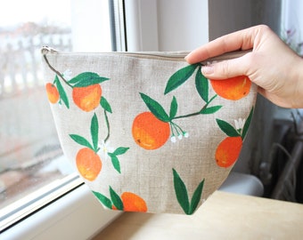 Large makeup bag Orange cosmetic bag Citrus zip pouch Fruits wash bag Linen cosmetic pouch Toiletry bag Makeup organizer