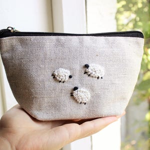 Embroidered makeup bag, Sheep cosmetic purse, Linen zip pouch, Beauty bag, Gift for her