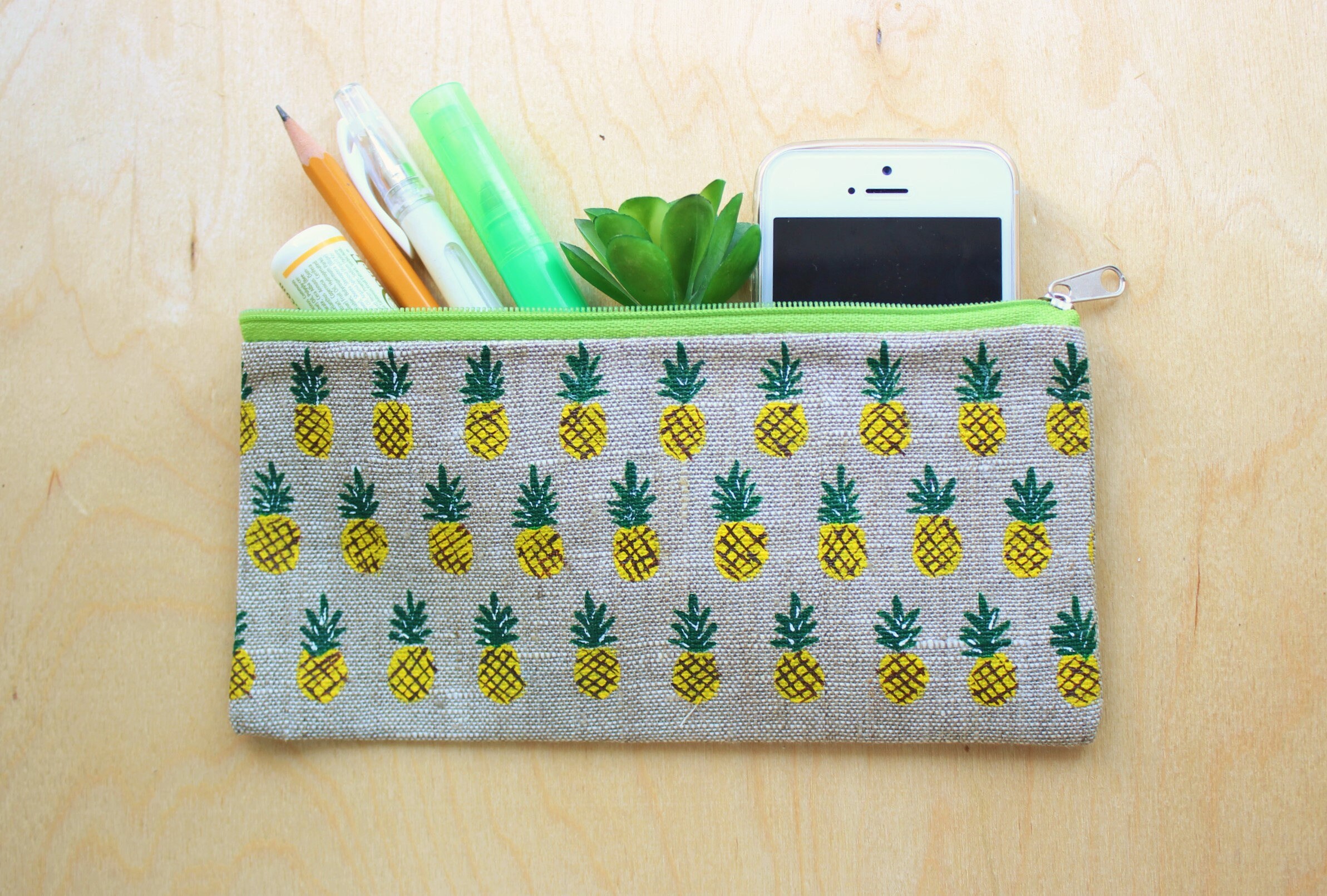 Pineapple pencil case Pineapple makeup bag Linen pencil case Etsy