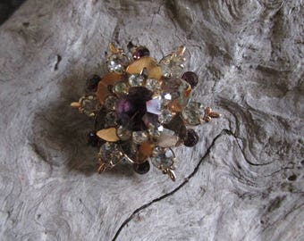 Copper Colored Vintage Purple Glass and White Rhinestone Brooch Pin Circular Floral Pattern Fashion Accessory