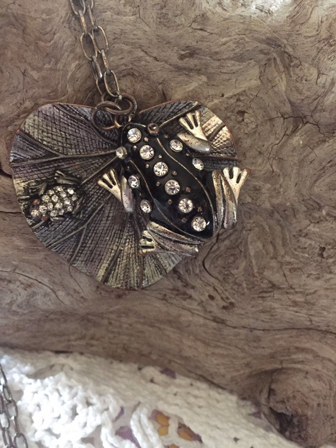 Frog on Lily Pad Necklace Silver Tone and White Rhinestones Retro