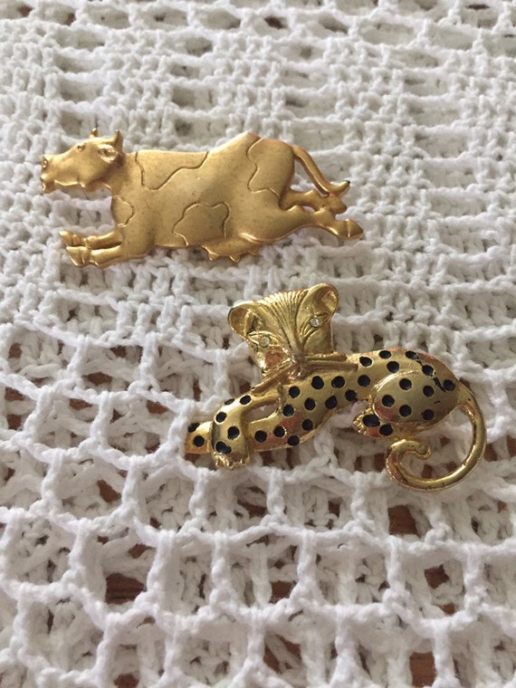 Pair of Animal Figural Pins Brooches Cow Who Jumpe