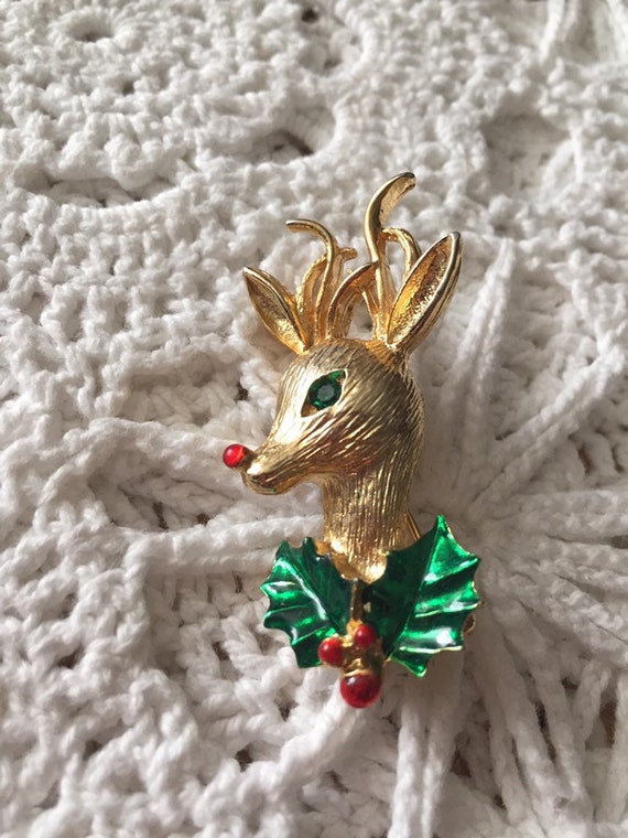 Pair of Christmas Brooches Pins Rudolph and Candl… - image 4