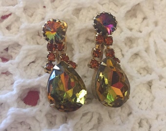 Sparkly Glass and Rhinestone Dangle Clip On Earrings Vintage Fashion Jewelry