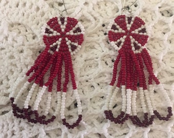 Vintage Beaded Dangle Earrings Pierced Red White and Black