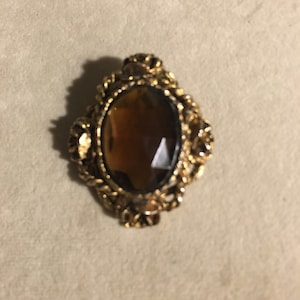 Vintage Brooch/Pin Large Brown Center Set Gold Tone with Roses