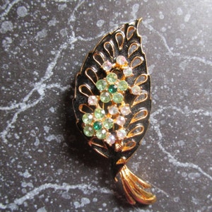 Vintage Fall Rhinestone Pin Aurora Borealis and Green Rhinestones