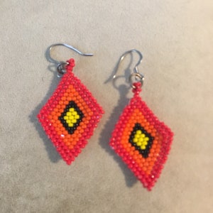 Beaded Red, Orange and Yellow Dangle Earrings