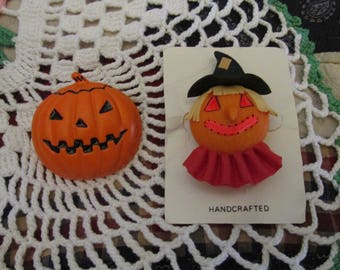 Pair of Vintage Halloween Pumpkin Jack-O-Lantern and Scarecrow Pins Brooches Whimsical Holiday Jewelry