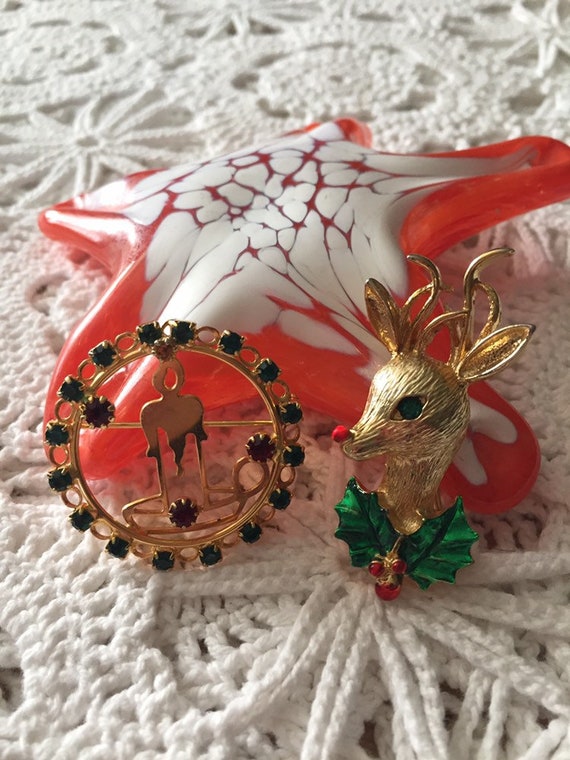 Pair of Christmas Brooches Pins Rudolph and Candl… - image 1