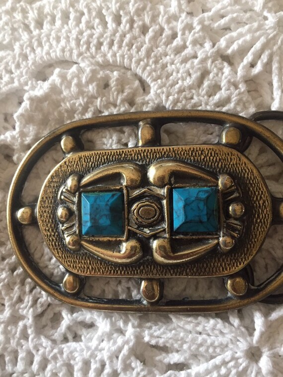 Faux Blue Tourquoise & Rhinestones Set In Gold Buckle & Black Ultrasuede Belt. Retro Belt Buckle Faux Turquoise Gold Tone Accents Accessory  main image 4