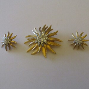 Vintage Pin Brooch Clip on Earrings Set Gold Tone and White Rhinestones Retro Jewelry
