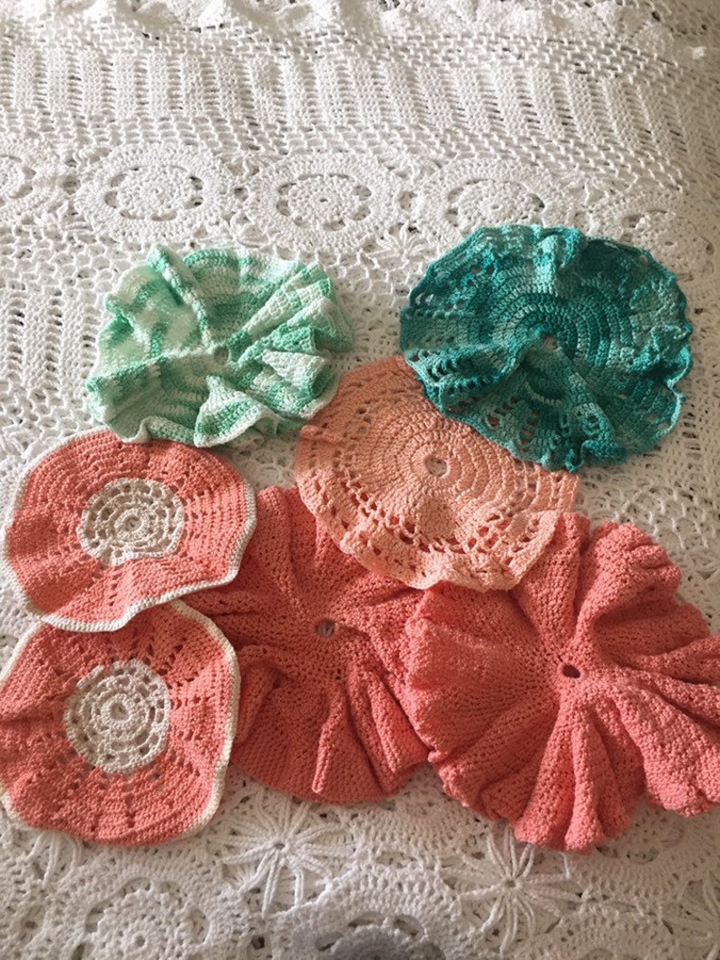 Vintage Lot Doilies Bundle Peach Colored and Green Retro Handmade Home Decor